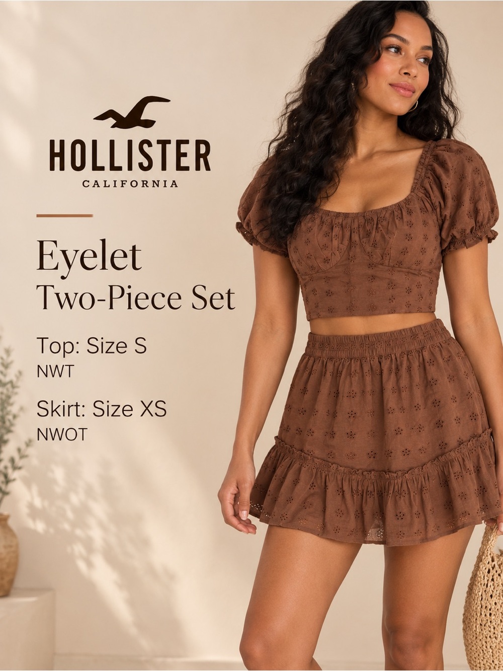 Hollister Brown Eyelet Puff Sleeve Crop Top & Ruffle Mini Skirt Set S/XS